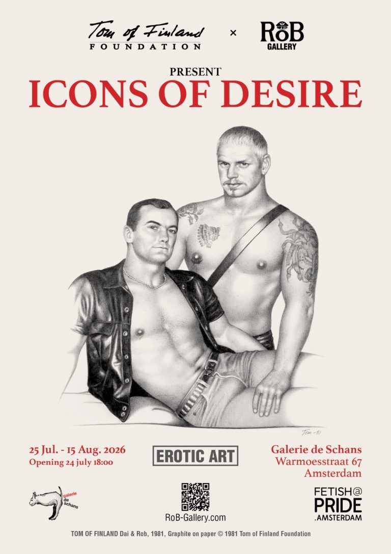 Icons of Desire Exhibition – RoB Gallery and Tom of Finland Foundation Icons of Desire exhibition poster at RoB Gallery Amsterdam in collaboration with the Tom of Finland Foundation