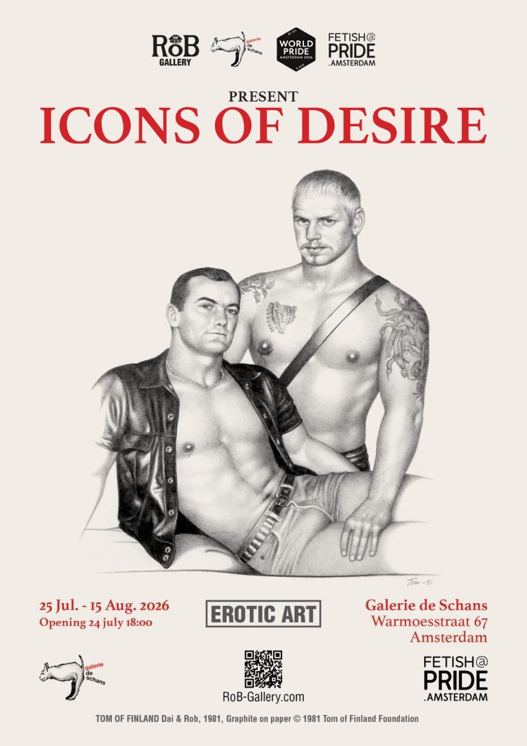 Icons of Desire exhibition poster at RoB Gallery Amsterdam in collaboration with the Tom of Finland Foundation
